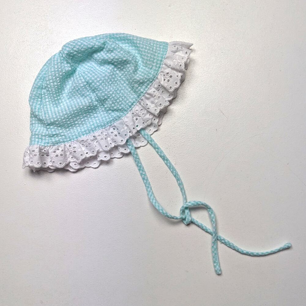 Vintage Sunhat Girls Size 12-18m Blue Gingham Seersucker Lace